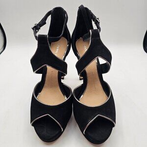 Gianni Bini Black Crisscross Peep‑Toe Heels – Size 8M – Silver Trim